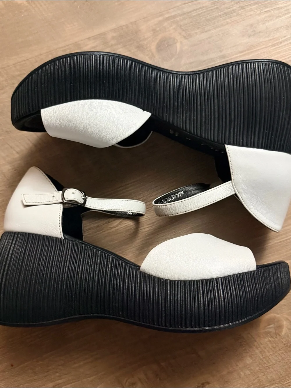 Spring Step White and Black Genuine Leather Chunky Platform Sandals
